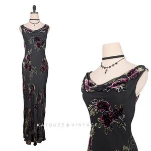 Vintage Maxi Dress Prom Gown 6 Black Grunge 90s Y2K Burnout Velvet Floral Silk